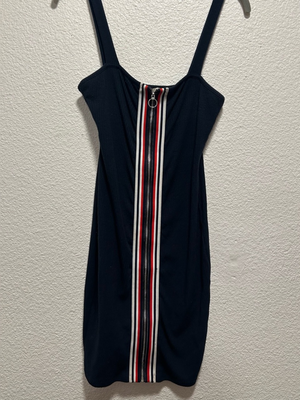 Bozzolo Navy Dress with Red and White Stripe Front Zip